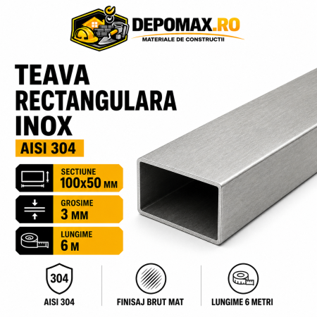 Teava rectangulara inox AISI 304, 100 x 50 x 3 mm, 6 metri